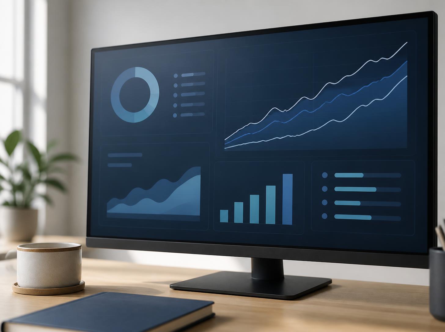 Monitor mit Auswertungsdiagrammen auf einem Schreibtisch