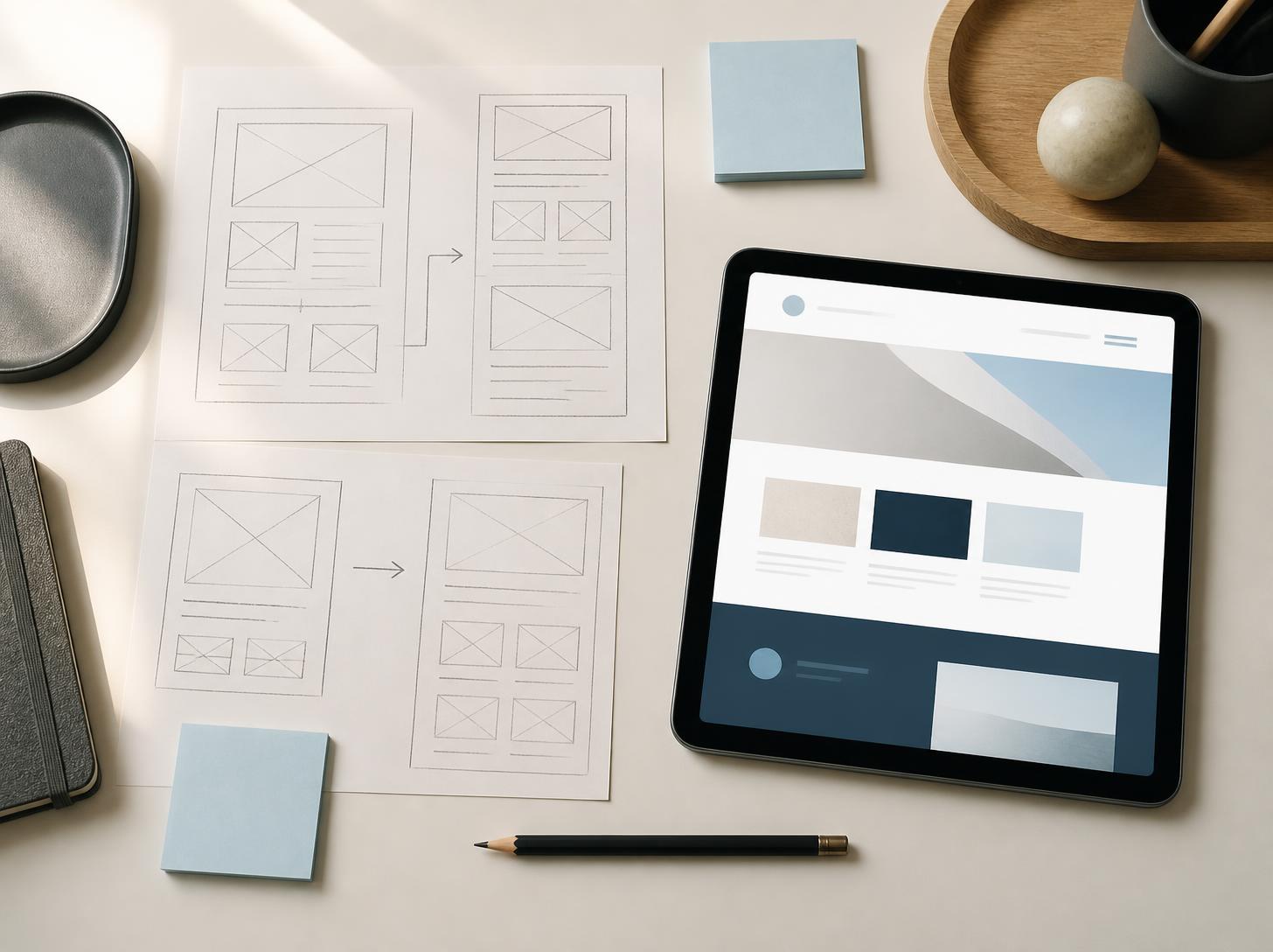 Skizzen einer Seitenstruktur neben einem Tablet mit der neuen Website