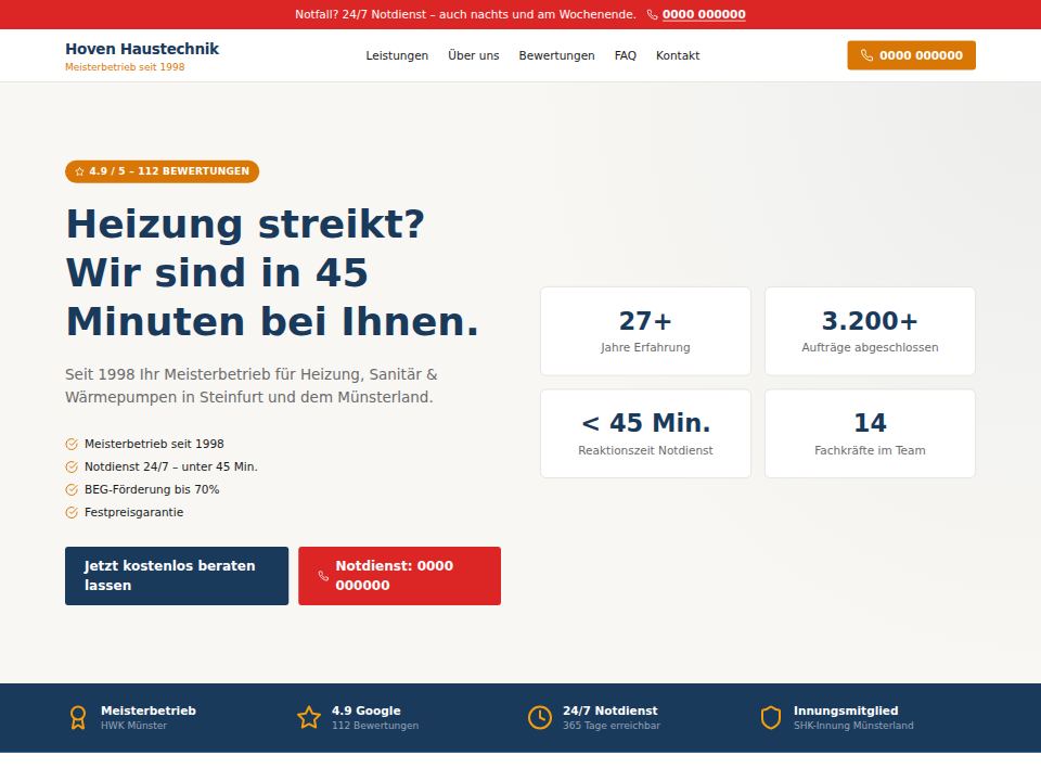 Startseite der Muster-Website Hoven Haustechnik